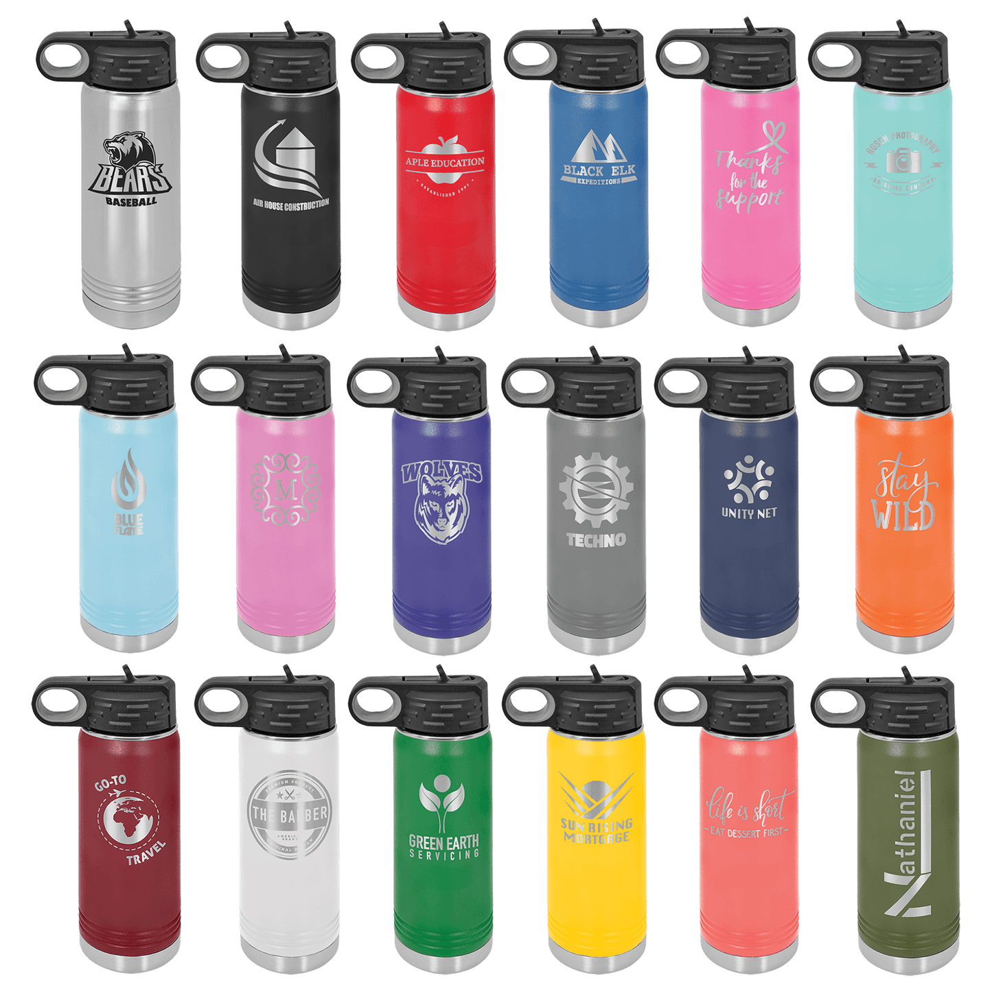 20oz Custom Engraved Water Bottle Tumbler with Flip Straw
