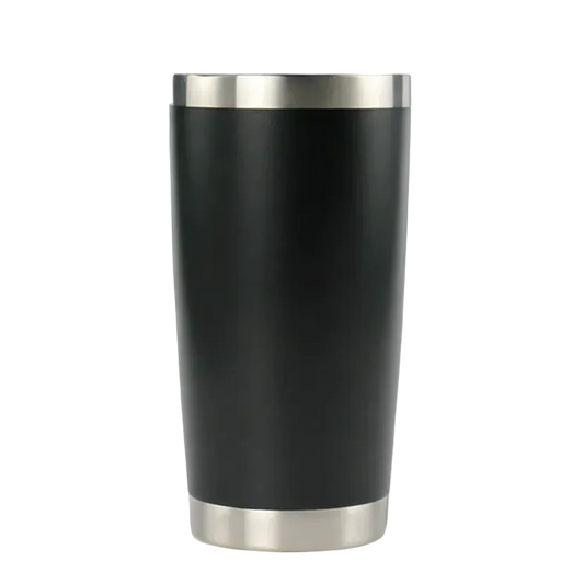 Black tumbler with silver base and lid