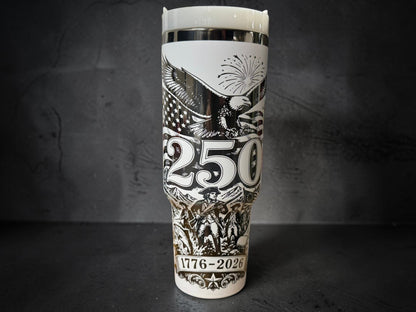 America 250 Engraved Tumbler — 40oz White Powder Coat, Black Mirror Base | 1776–2026 Anniversary Cup