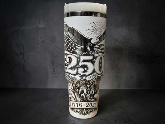 America 250 Engraved Tumbler — 40oz White Powder Coat, Black Mirror Base | 1776–2026 Anniversary Cup