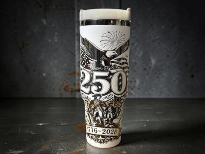 America 250 Engraved Tumbler — 40oz White Powder Coat, Black Mirror Base | 1776–2026 Anniversary Cup