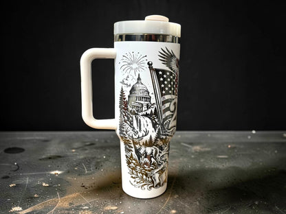 America 250 Engraved Tumbler — 40oz White Powder Coat, Black Mirror Base | 1776–2026 Anniversary Cup