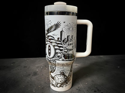 America 250 Engraved Tumbler — 40oz White Powder Coat, Black Mirror Base | 1776–2026 Anniversary Cup