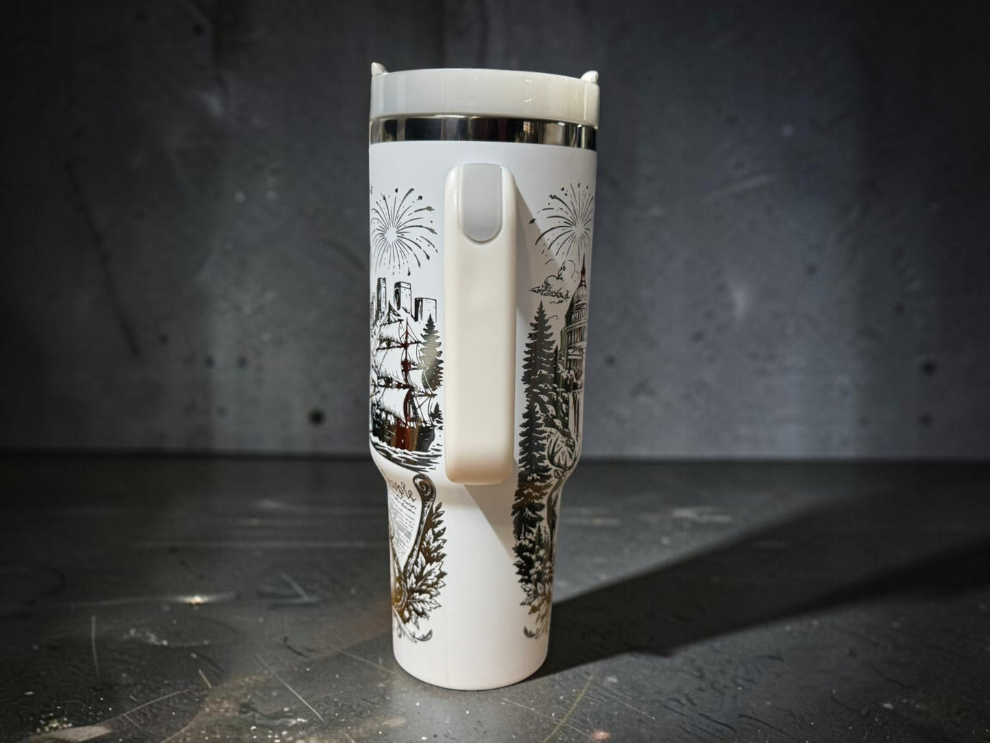 America 250 Engraved Tumbler — 40oz White Powder Coat, Black Mirror Base | 1776–2026 Anniversary Cup