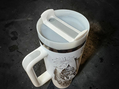 America 250 Engraved Tumbler — 40oz White Powder Coat, Black Mirror Base | 1776–2026 Anniversary Cup