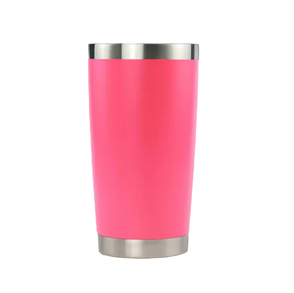 Pink tumbler with silver lid and base on a gray background