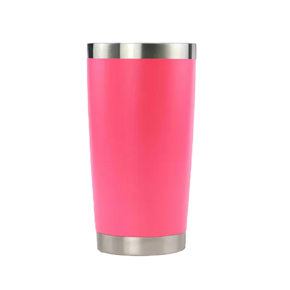 Pink tumbler with silver lid and base on a gray background