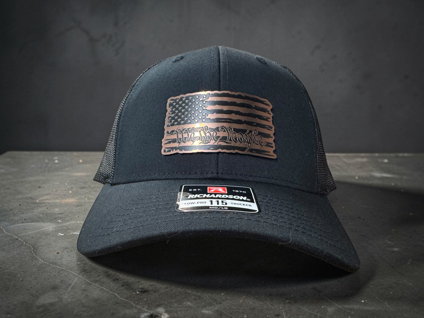 Custom Copper/Black Acrylic Patch on Black Richardson 112