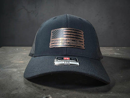 Custom Copper/Black Acrylic Patch on Black Richardson 112